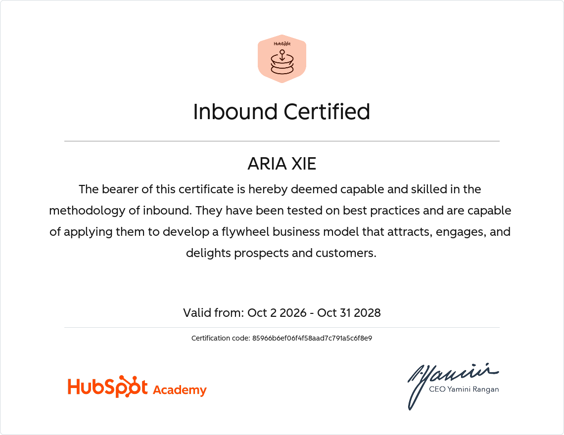 HubSpot Academy Inbound Certified 证书，持证人 ARIA XIE，有效期为 2026 年 10 月 2 日至 2028 年 10 月 31 日